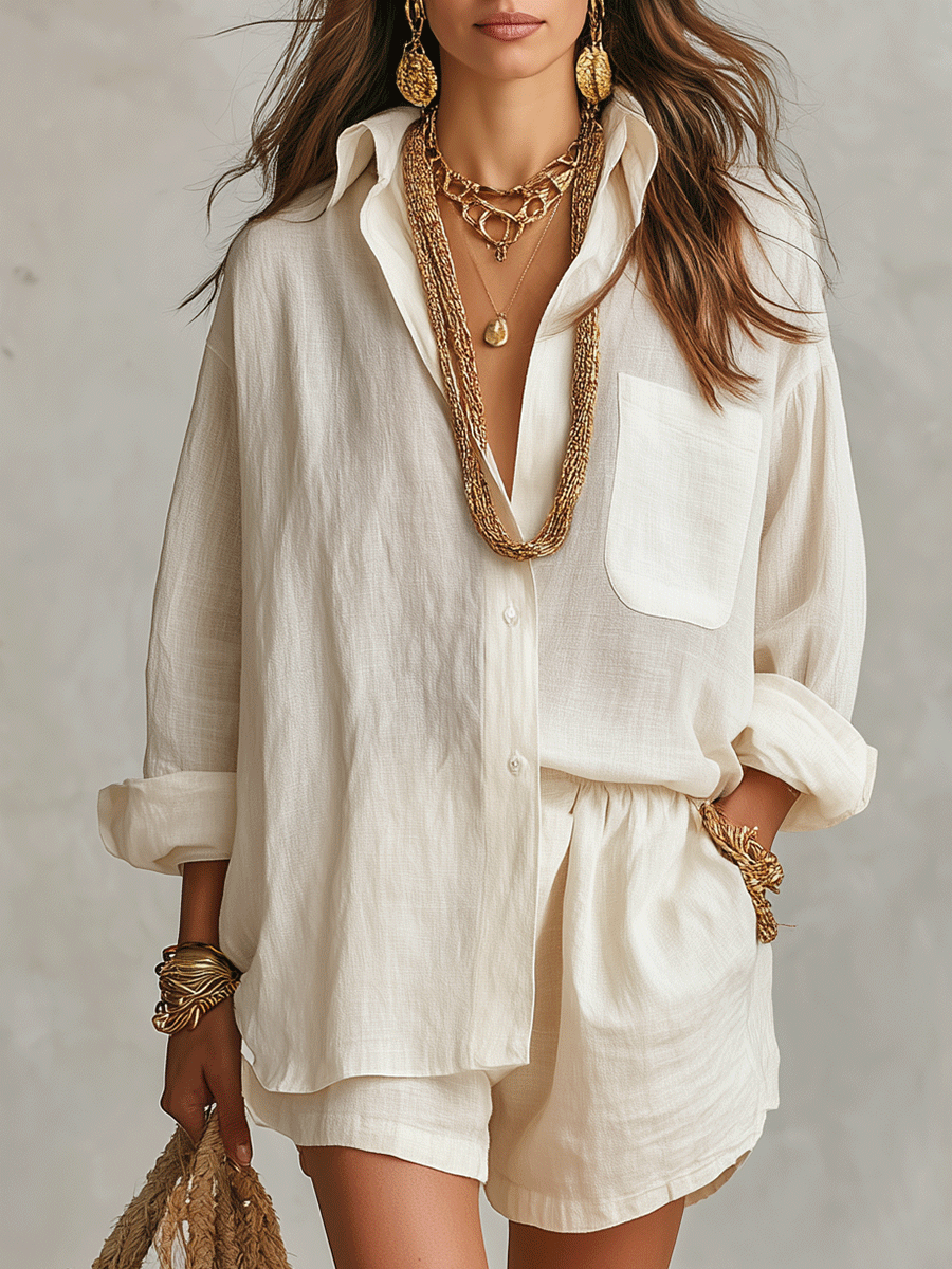 Camisa Bohemia Oversized con Pantalones Cortos Cómodos