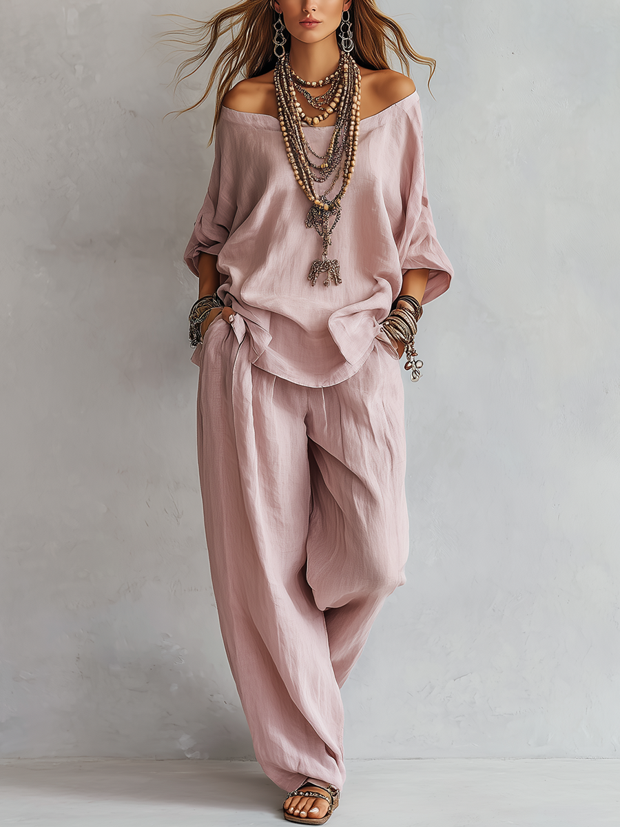 Conjunto de Pantalones Anchos Casual Rosa Claro