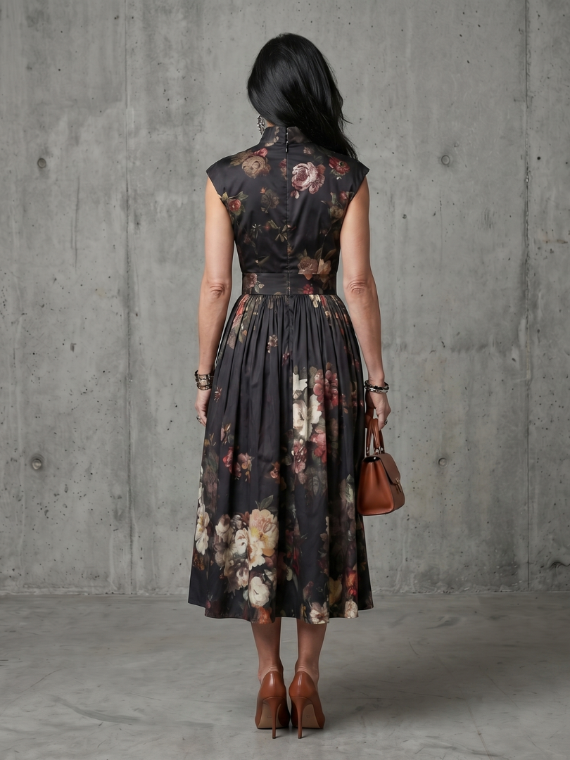 Greta | Vestido Midi Plisado de Flores con Cuello Alto