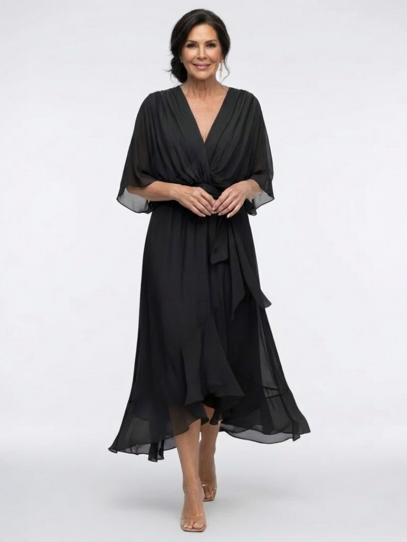 Elysia | Vestido Midi con Escote en V y Cintura con Cinta
