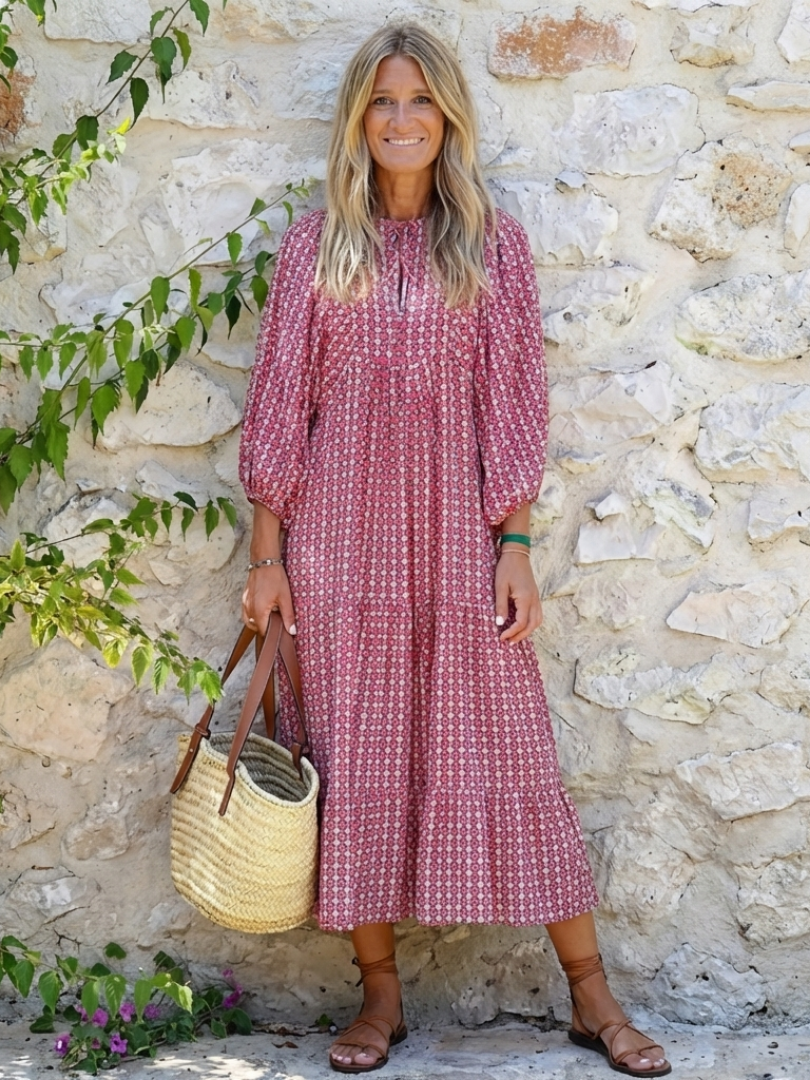 Arlette | Vestido Midi de Manga Larga con Estampado Geométrico