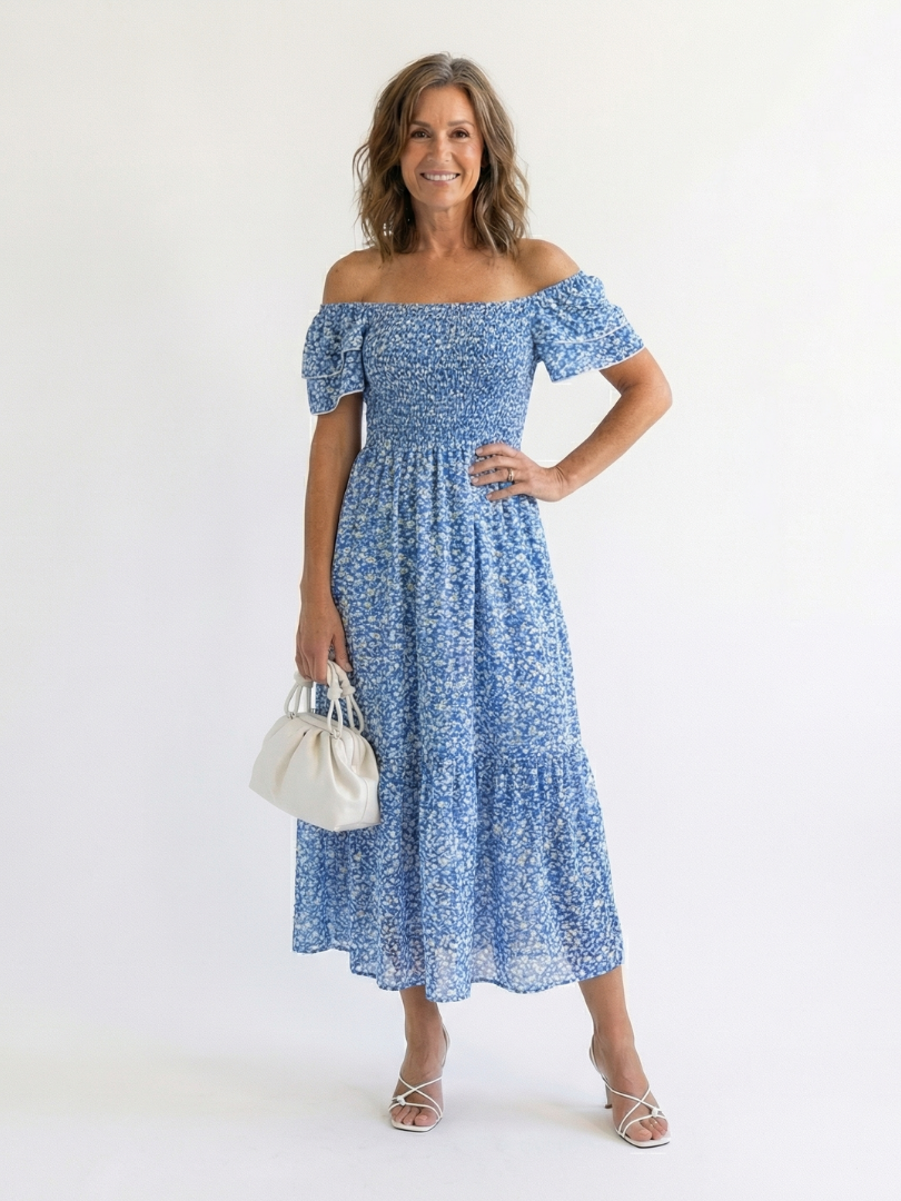 Odette | Vestido Midi Con Hombros Descubiertos y Flores