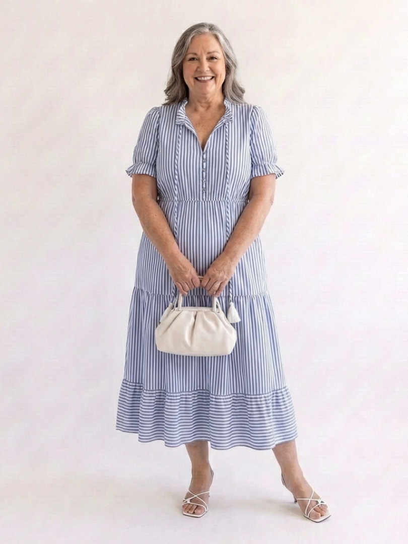 Dakota | Vestido Midi de Manga Corta a Rayas con Volantes
