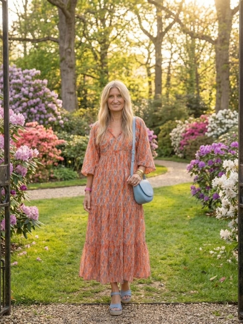 Amara | Vestido Midi Acampanado de Cuello en V con Estampado Geométrico