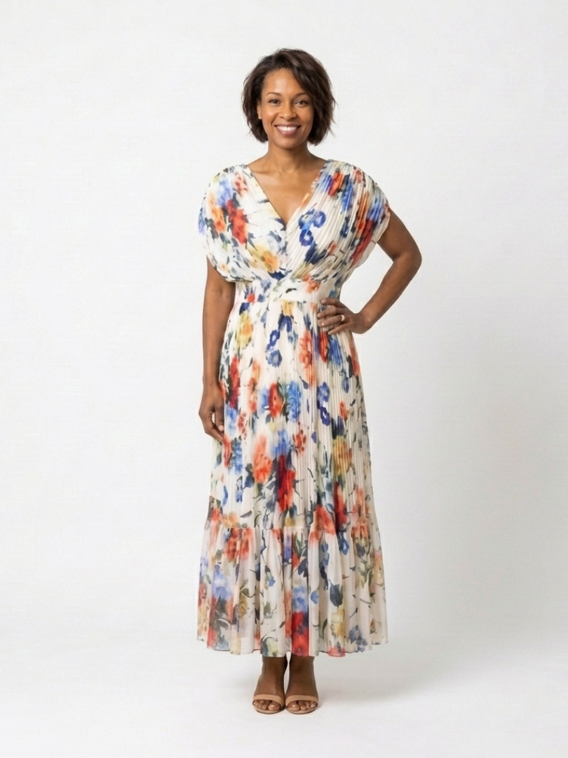 Savannah | Vestido midi floral con mangas cortas y plisados