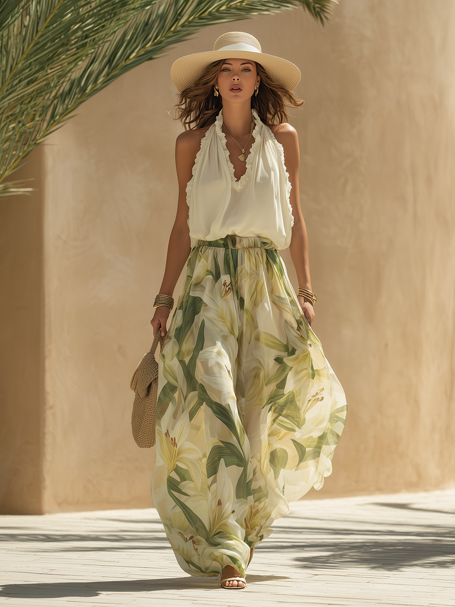 Conjunto Sin Mangas con Volantes y Pantalones con Estampado de Lirios