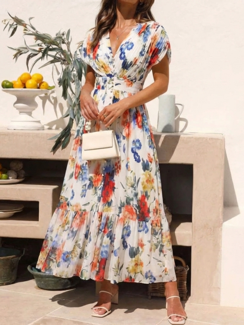 Savannah | Vestido midi floral con mangas cortas y plisados