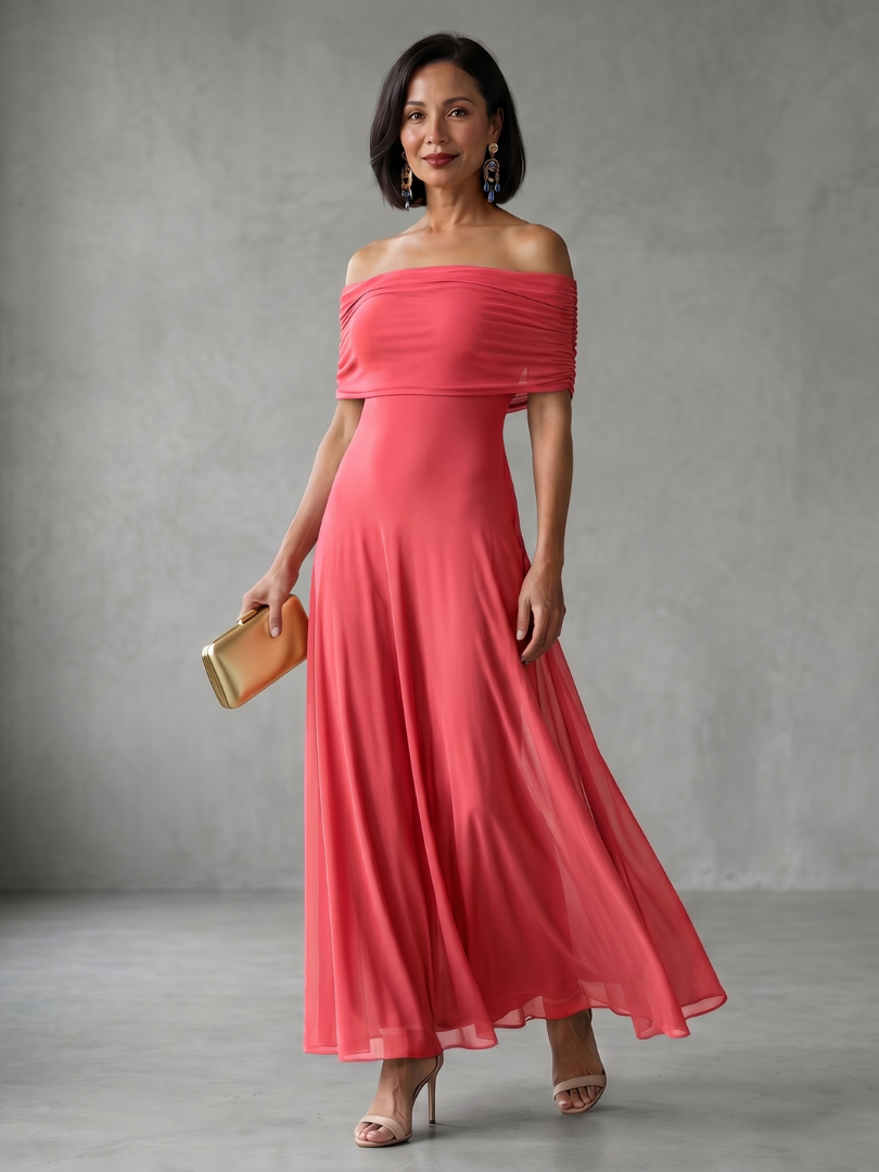 Juni | Vestido Midi Drapado con Hombros Descubiertos