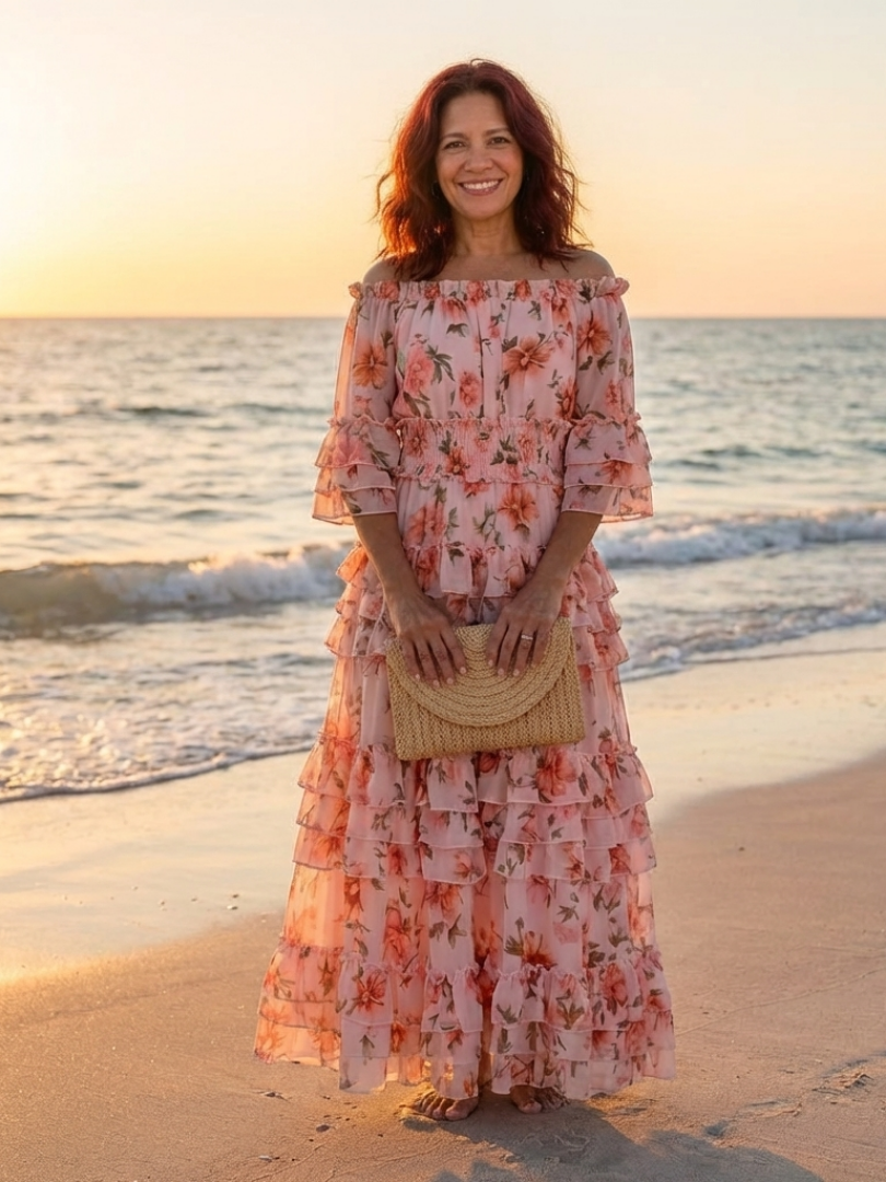 Rosalie | Vestido Maxi Floral con Volantes y Hombros Descubiertos