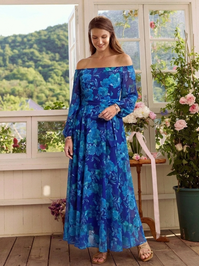 Aspen | Vestido Maxi de Flores con Hombros Descubiertos