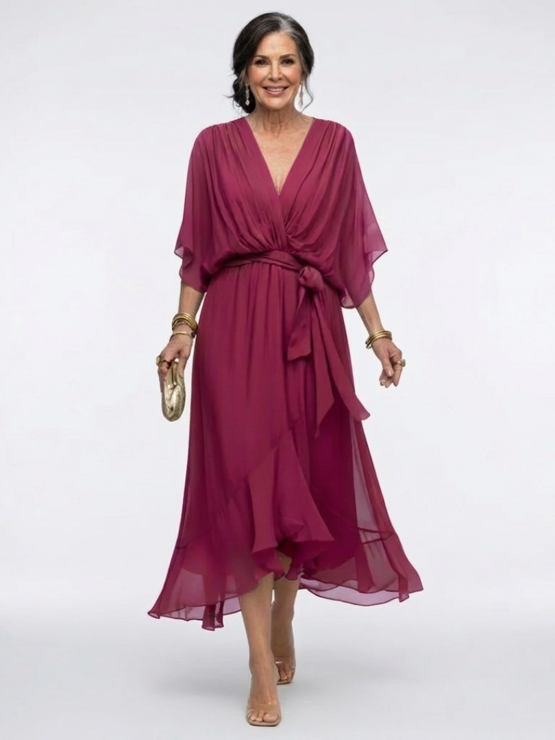 Elysia | Vestido Midi Drapé con Escote en V