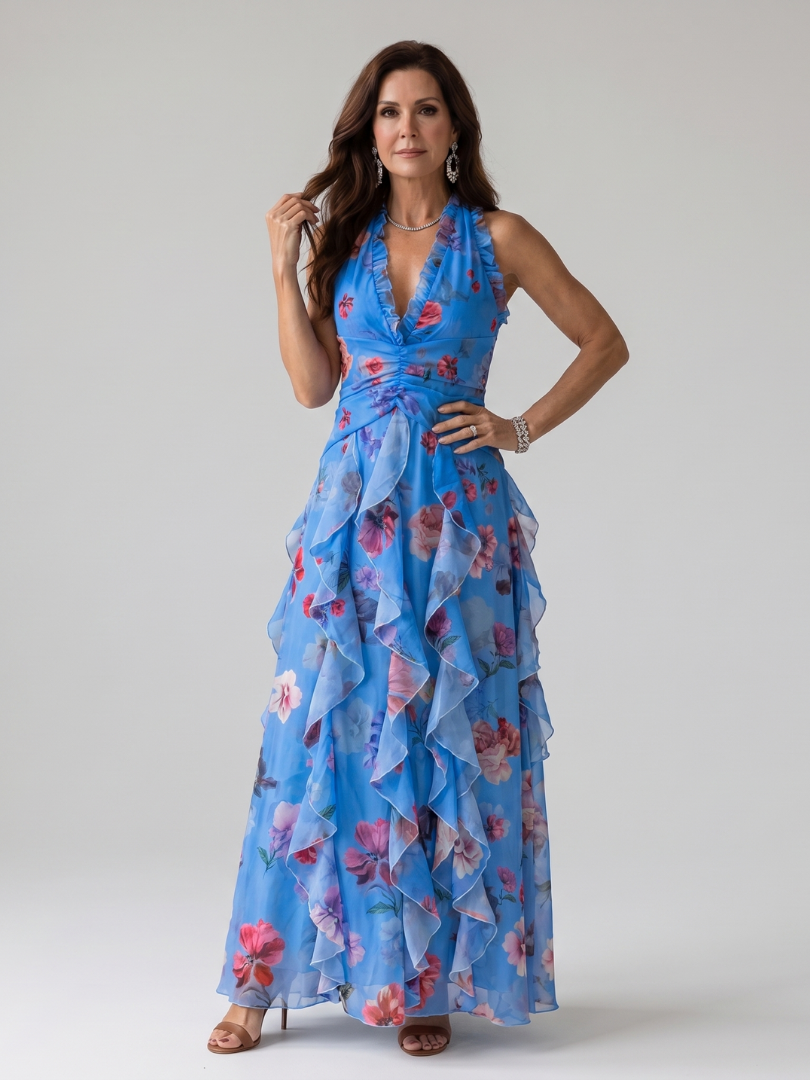 Nori | Vestido Maxi de Flores con Escote Halter y Cuerpo Fruncido
