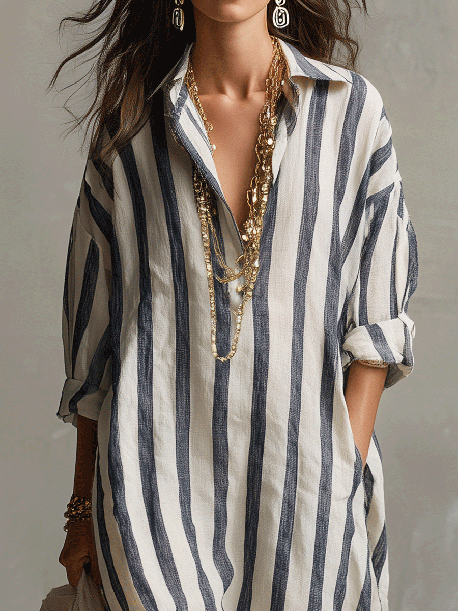 Vestido Maxi Estilo Bohemio de Camisa a Rayas Casual