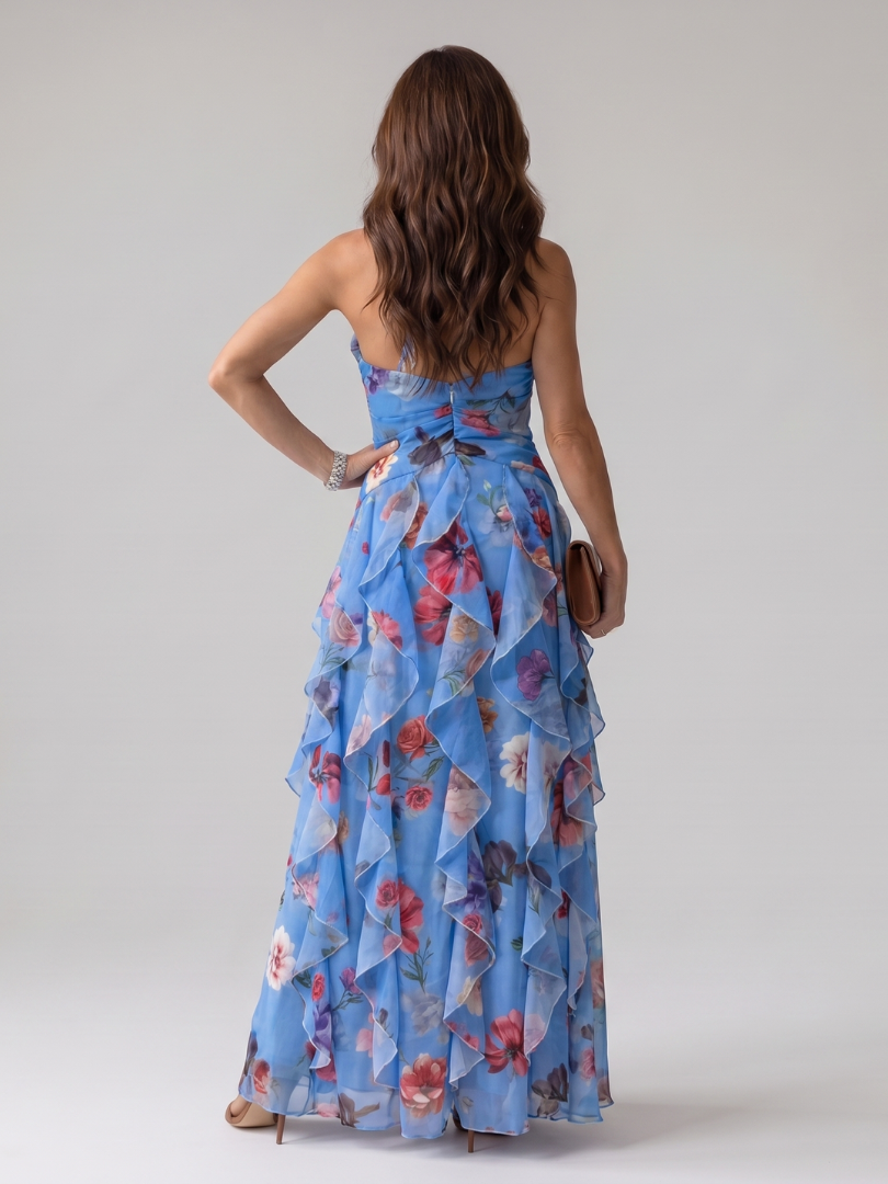 Nori | Vestido Maxi de Flores con Escote Halter y Cuerpo Fruncido