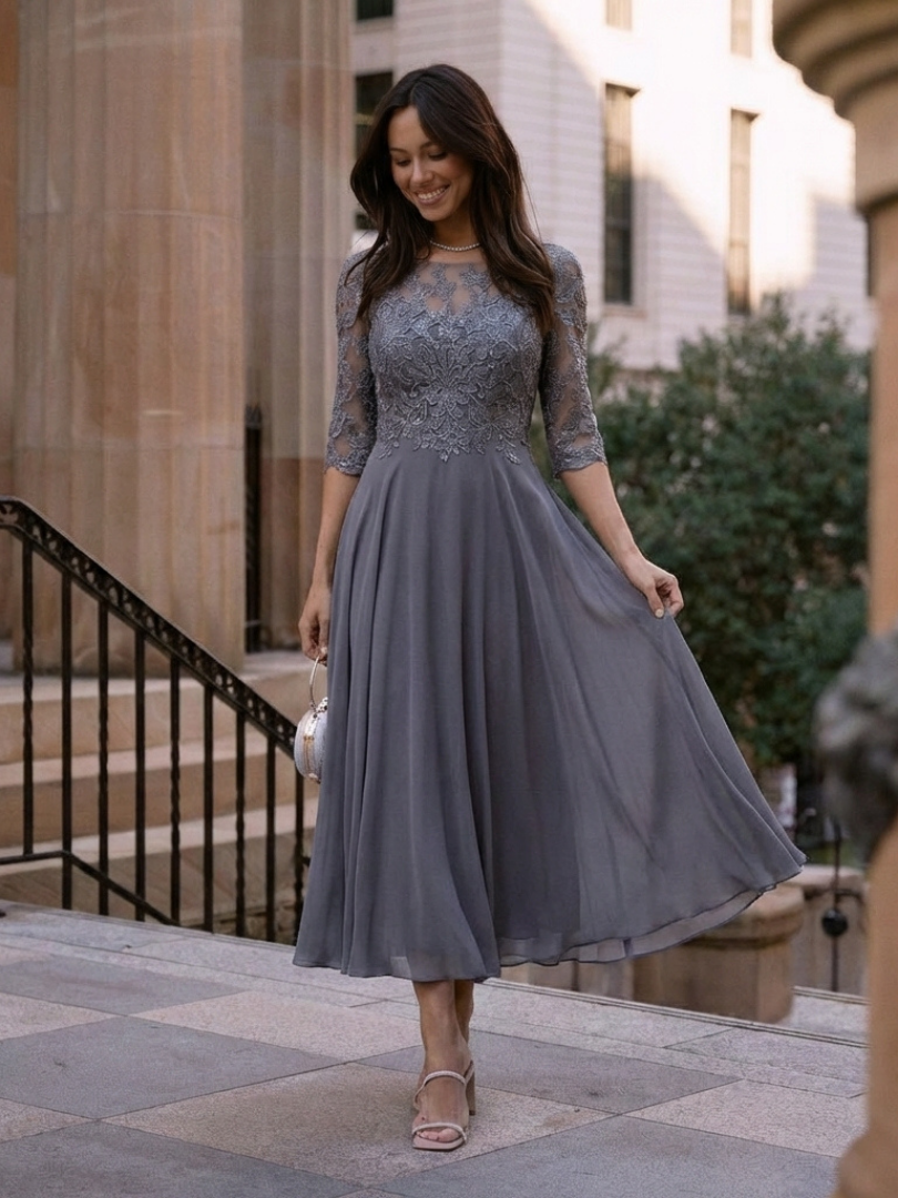 Olivina | Vestido Midi con Cuerpo de Encaje y Mangas Transparentes