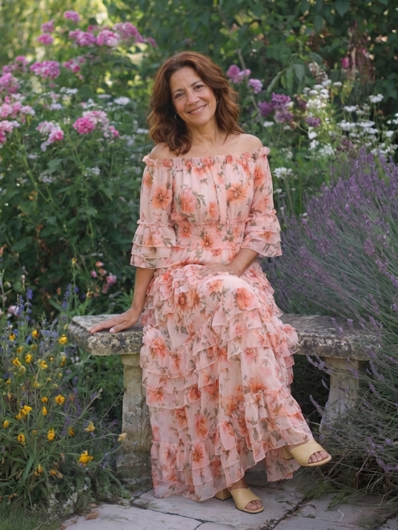 Rosalie | Vestido Maxi Rizado con Flores y Hombros Descubiertos
