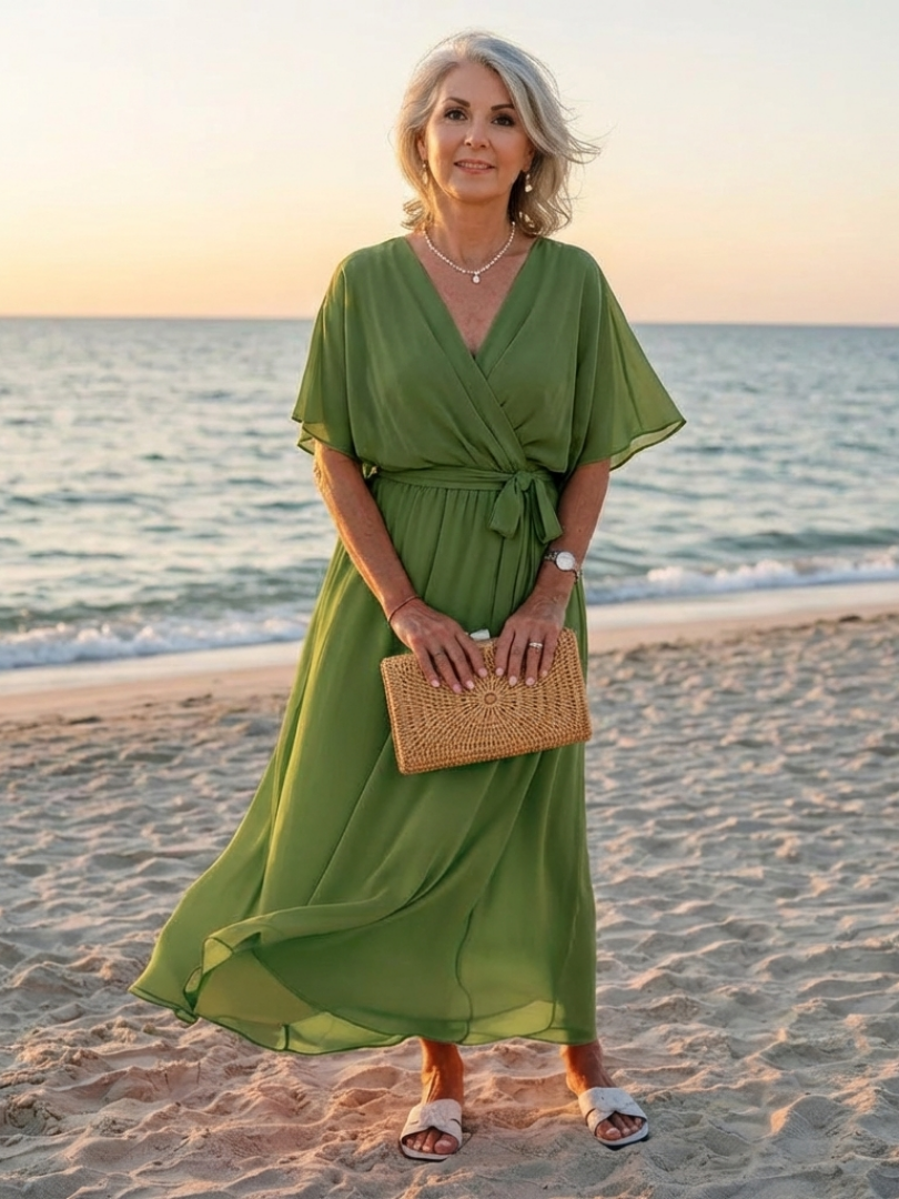 Elysia | Vestido Midi con Escote en V y Cintura con Cinta