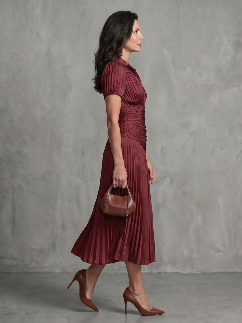 Theodora | Vestido Midi con Plisado y Rayas en la Cintura