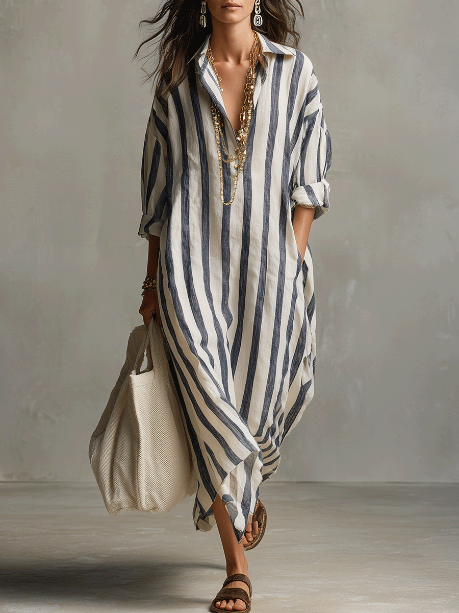 Vestido Maxi Estilo Bohemio de Camisa a Rayas Casual