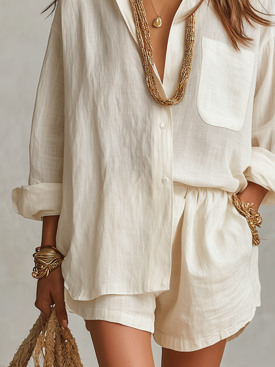 Camisa Bohemia Oversized con Pantalones Cortos Cómodos