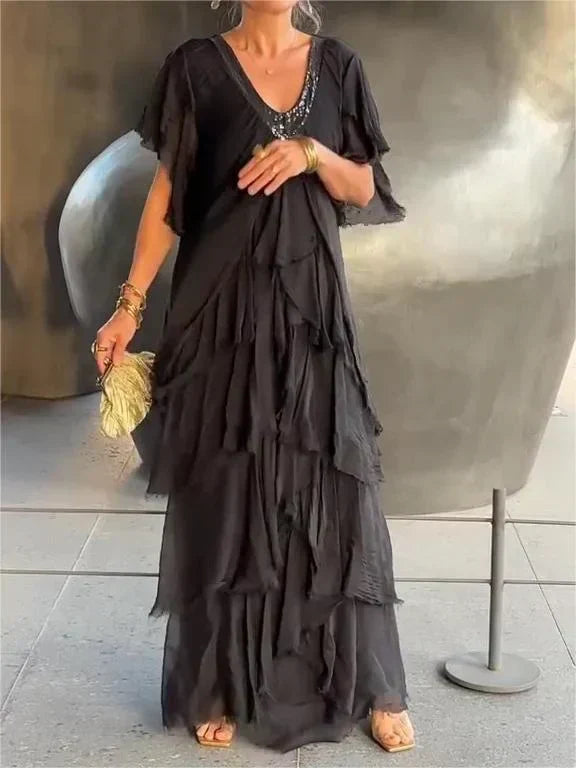 Blaise - Vestido Maxi de Cuello en V con Mangas Cortas Voladas