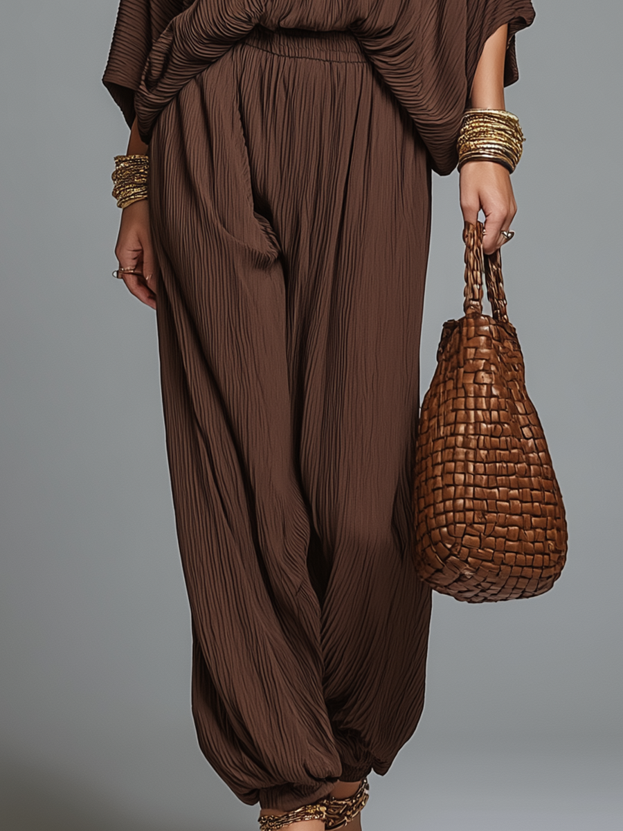 Conjunto de Top de Manga Batwing y Pantalones Harem Textura Espresso Cálida con Cuello en V