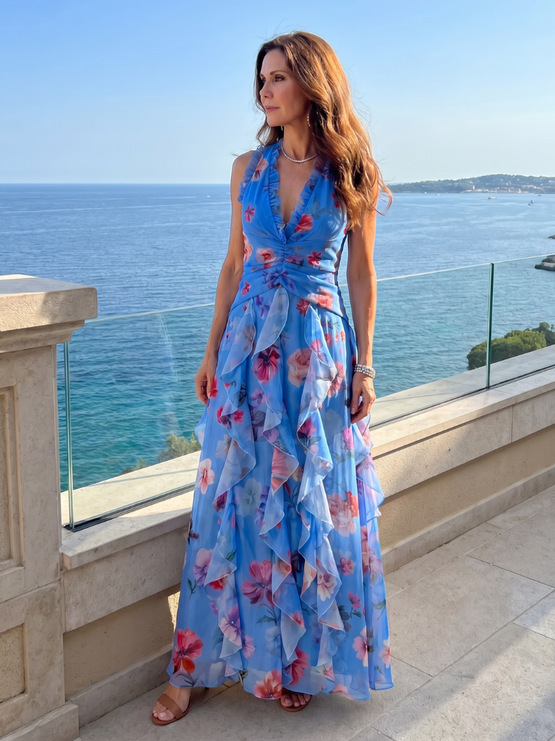 Nori | Vestido Maxi de Flores con Escote Halter y Cuerpo Fruncido