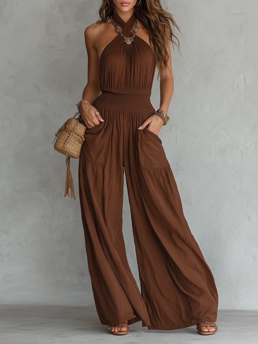 Mono Boho Sin Mangas con Cuello Halter y Piernas Anchas