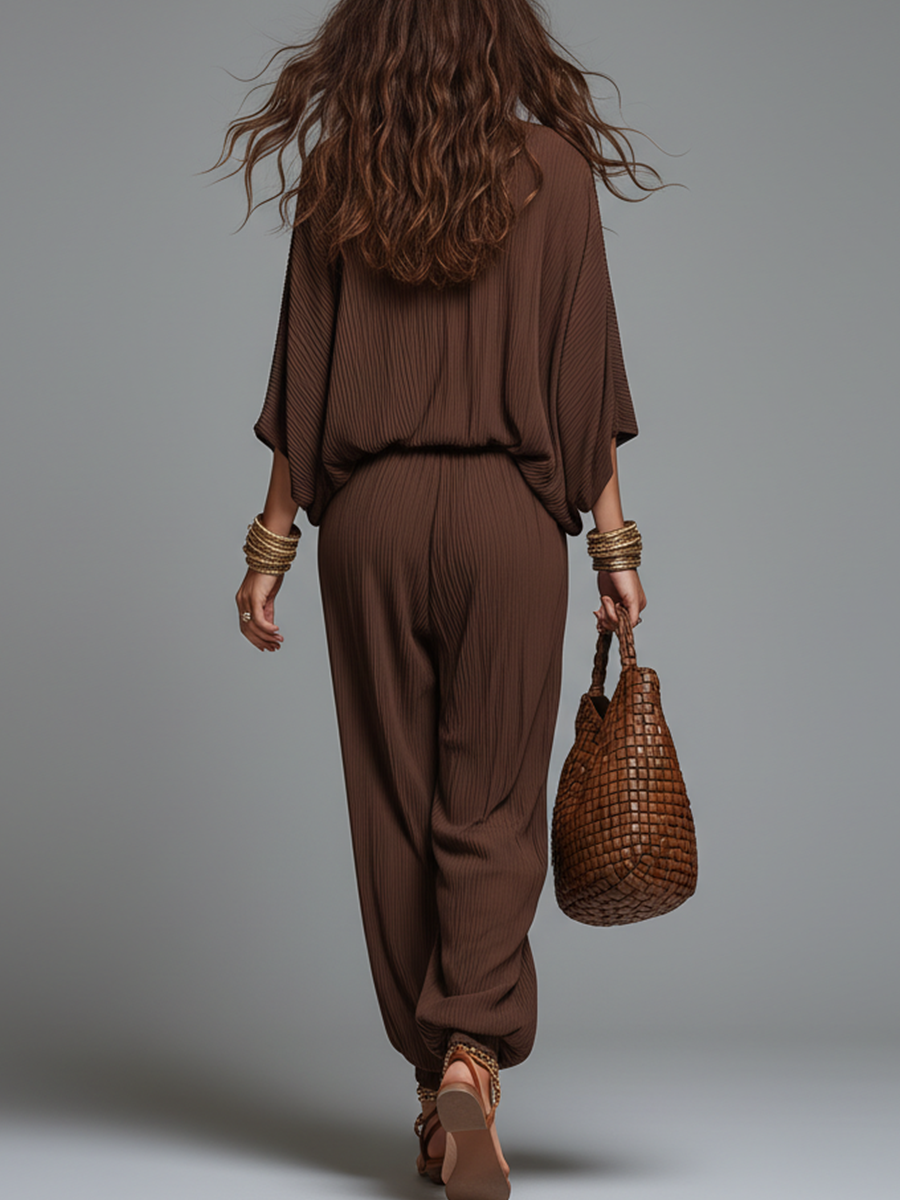 Conjunto Co-ord de Manga Batwing y Pantalones Harem con Textura de Espresso Cálido