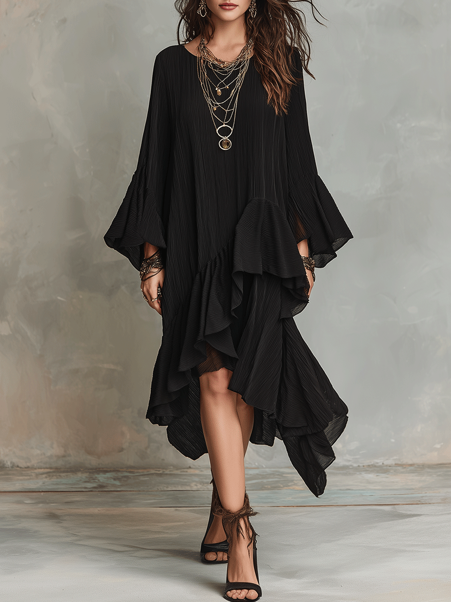 Elegante Vestido Midi Boho Negro con Volantes Asimétricos