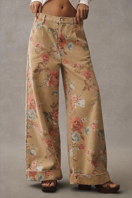 Pantalones Casual de Pierna Ancha Floral de Cintura Alta