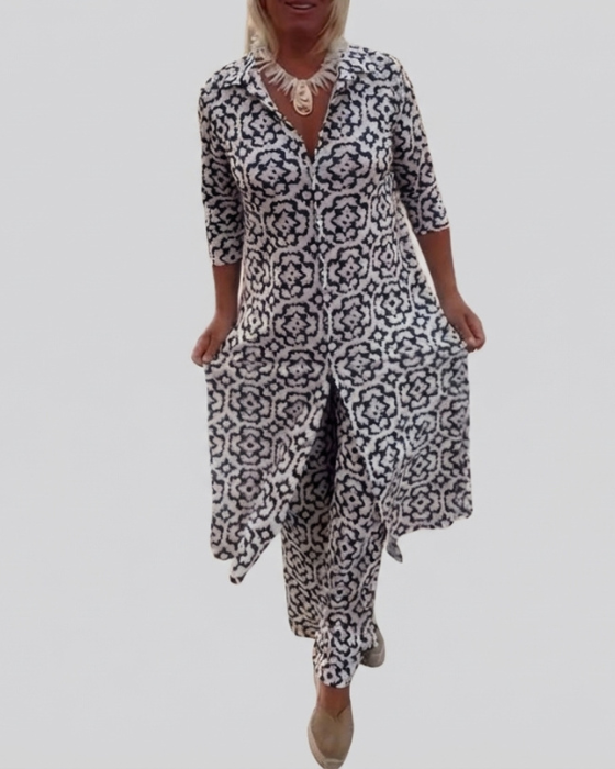 Sara | Conjunto de Túnica Bohemia de Estampado Geométrico y Pantalones de Pierna Ancha