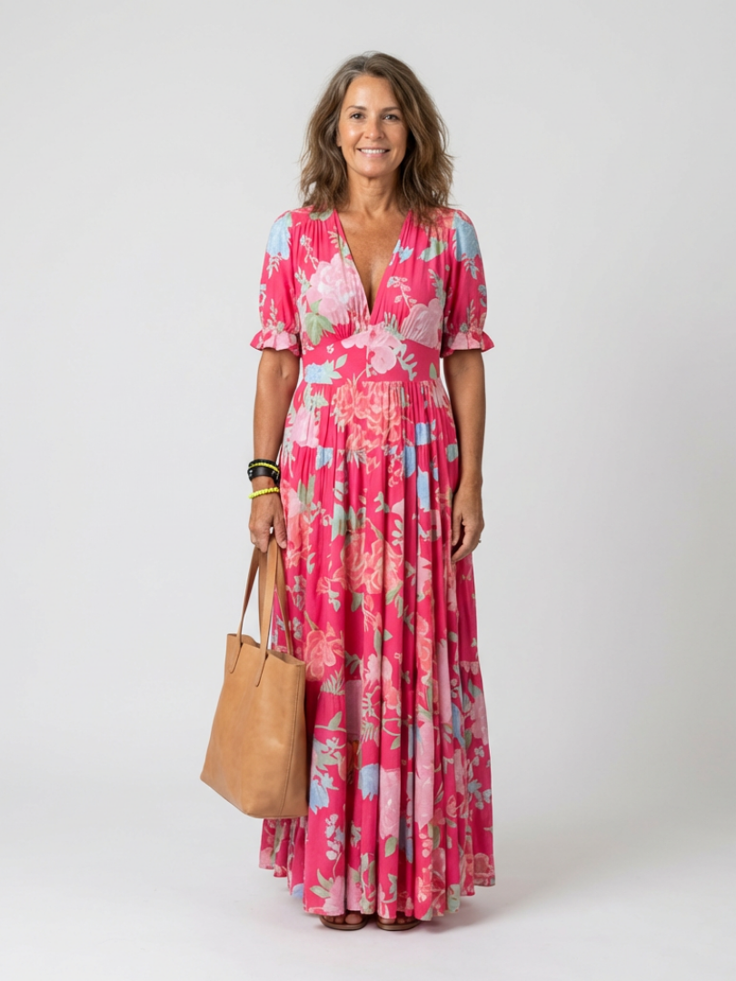 Ione | Vestido Midi Floral de Manga Corta con Escote en V