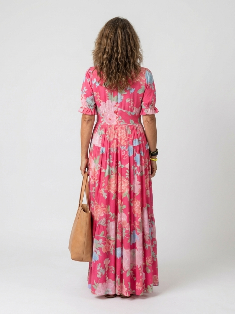 Ione | Vestido Midi Floral de Manga Corta con Escote en V