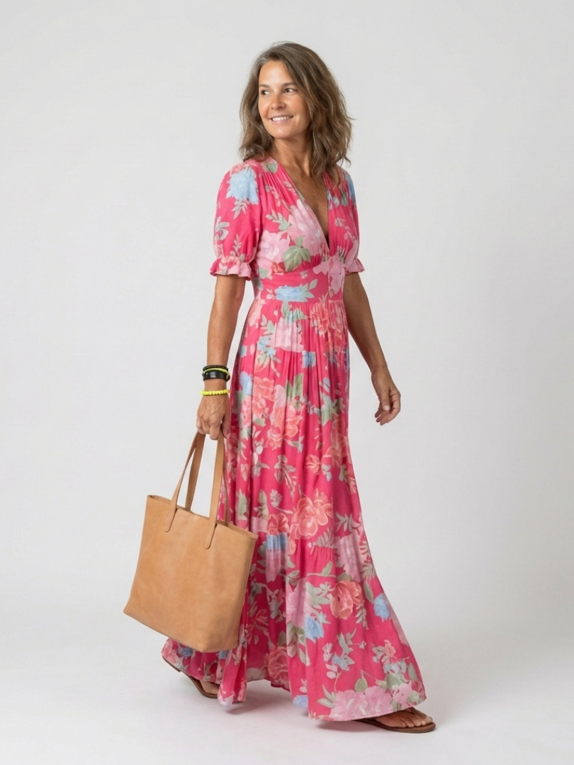 Ione | Vestido Midi de Flores con Cuello en V y Manga Corta