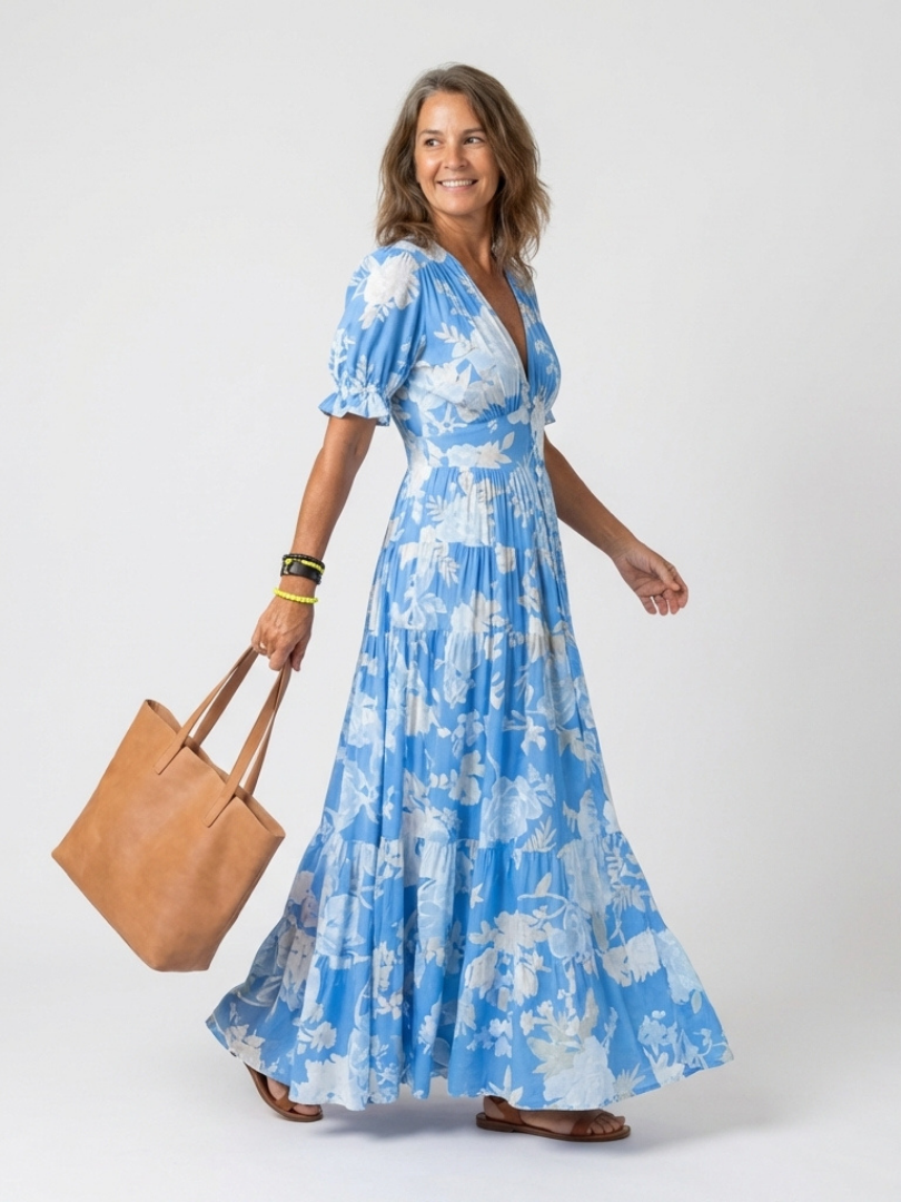 Ione | Vestido Midi Floral de Manga Corta con Escote en V