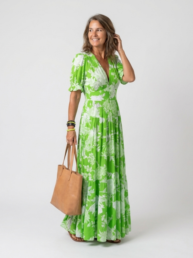 Ione | Vestido Midi de Flores con Cuello en V y Manga Corta