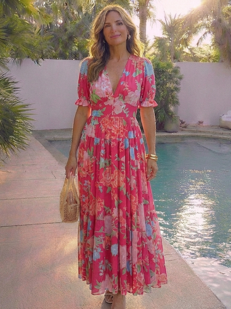 Ione | Vestido Midi Floral de Manga Corta con Escote en V