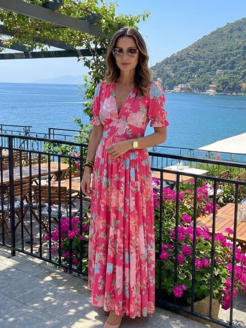 Ione | Vestido Midi de Flores con Cuello en V y Manga Corta