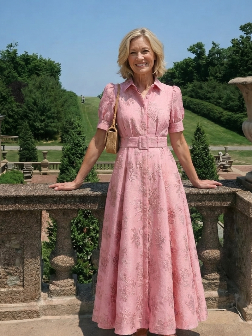 Xanthea | Vestido Maxi de Manga Corta con Cinturón y Textura Floral