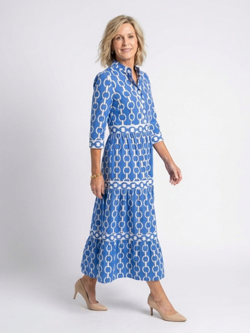 Ysolde | Vestido Midi de Manga Tres Cuartos con Patrón de Cadena