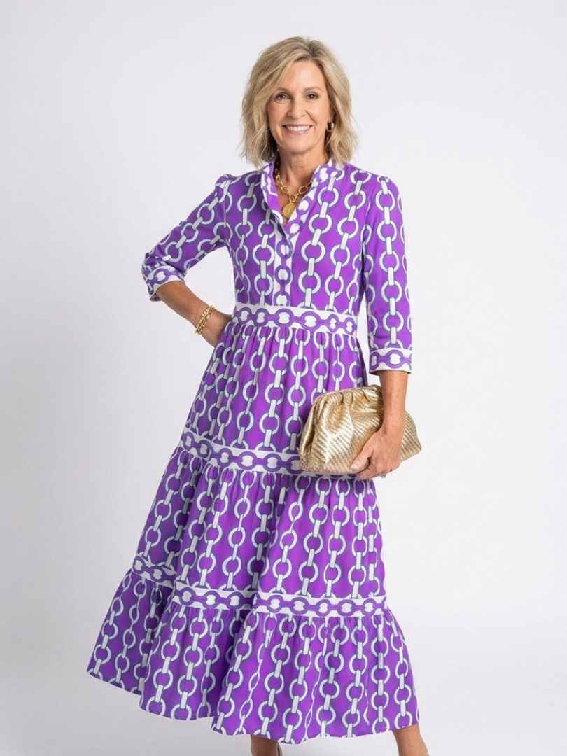 Ysolde | Vestido Midi con Manga Tres Cuartos y Patrón de Cadena