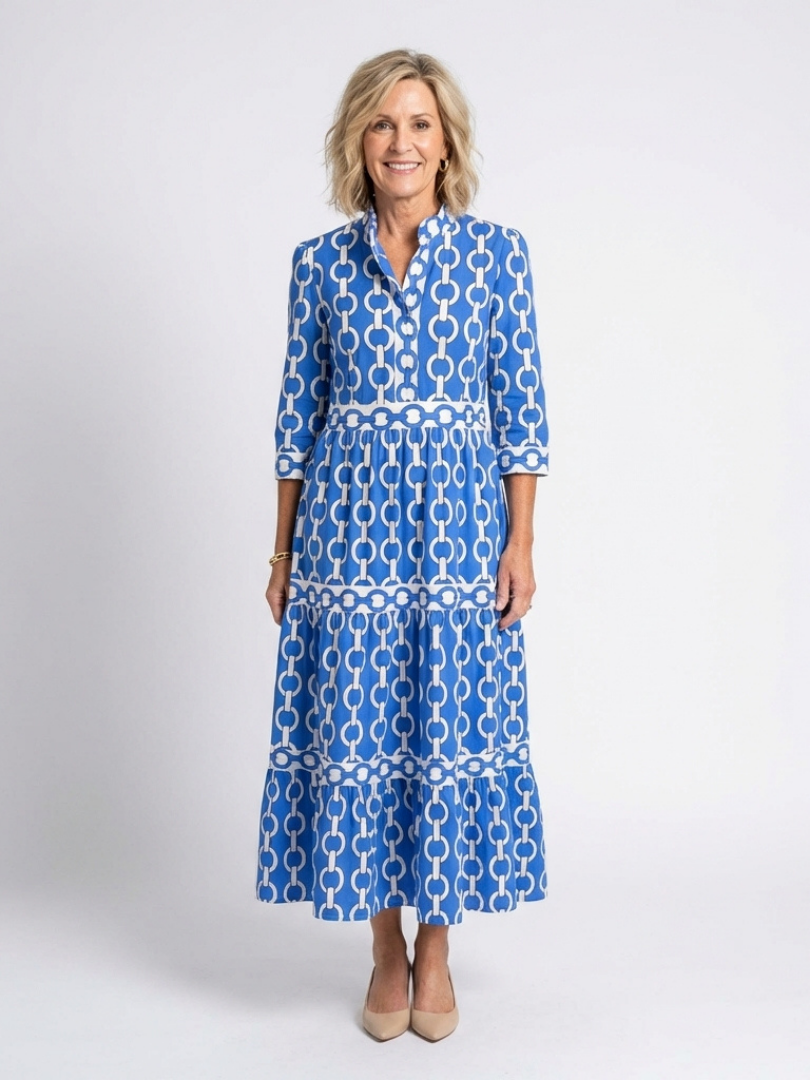 Ysolde | Vestido Midi con Manga Tres Cuartos y Patrón de Cadena