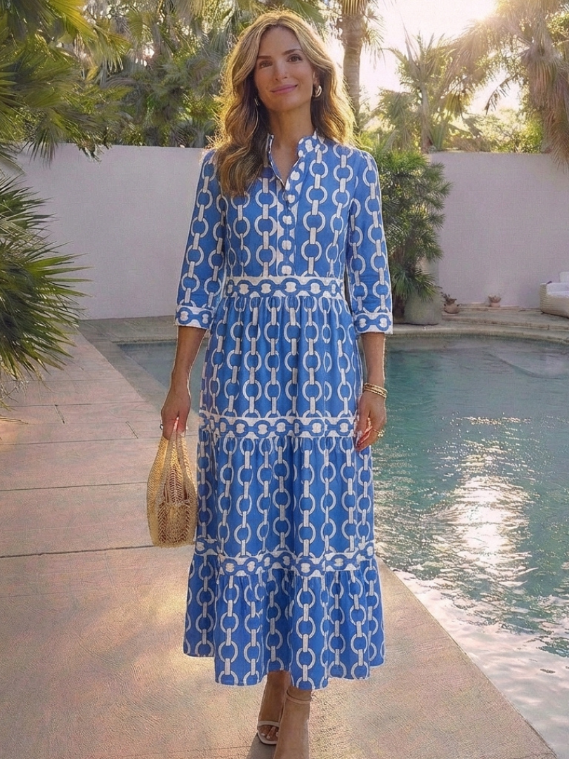 Ysolde | Vestido Midi con Manga Tres Cuartos y Patrón de Cadena