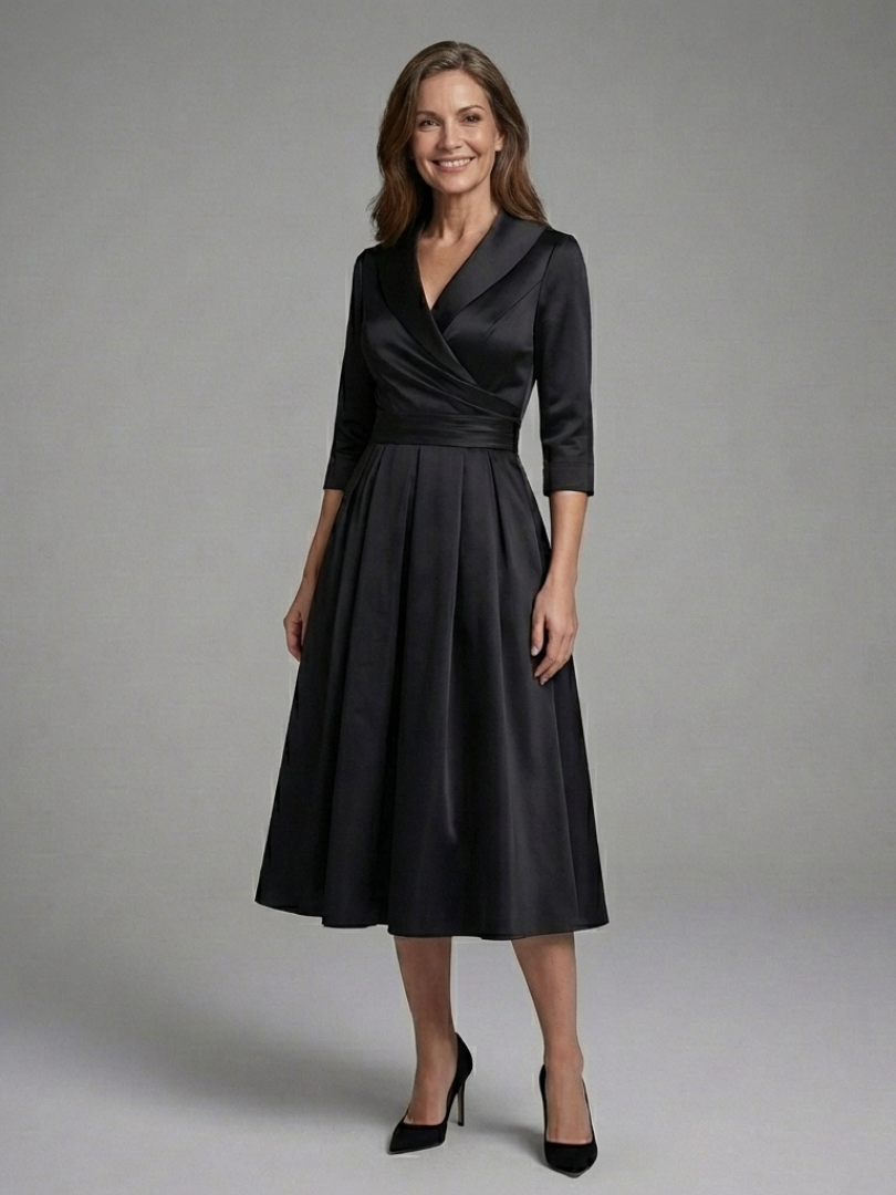 Genevieve | Vestido Midi con Cuerpo Envueltos y Manga Tres Cuartos