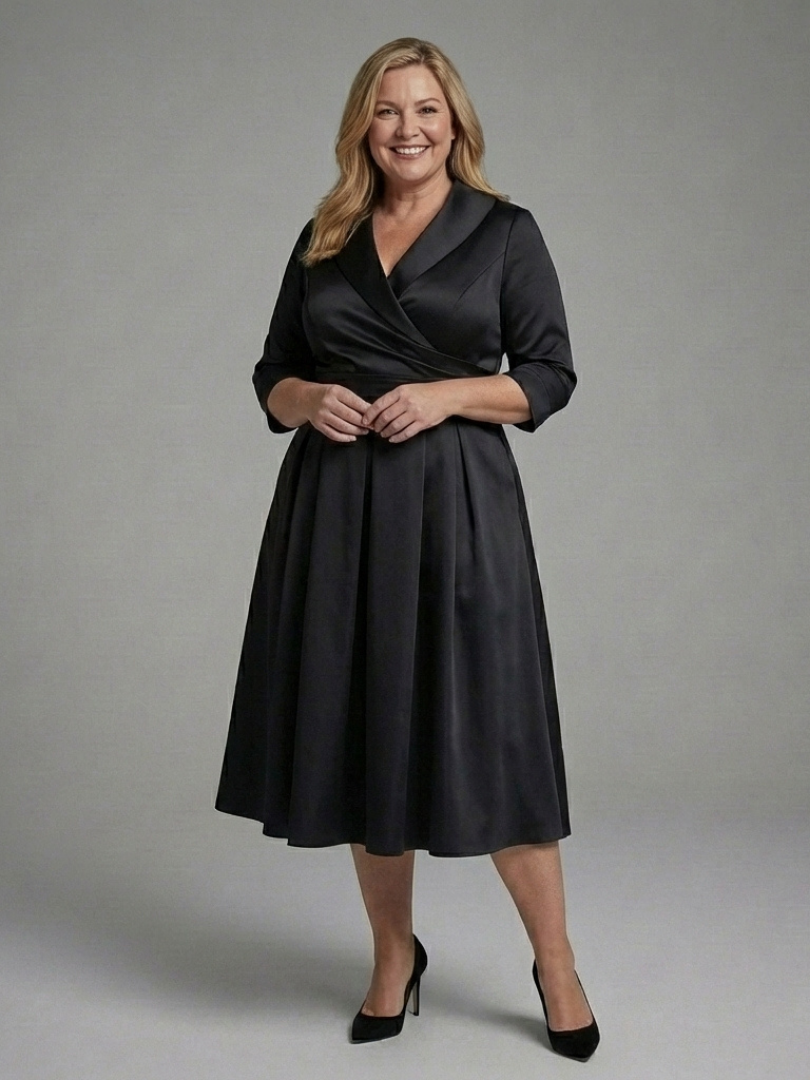 Genevieve | Vestido Midi con Cuerpo Envueltos y Manga Tres Cuartos