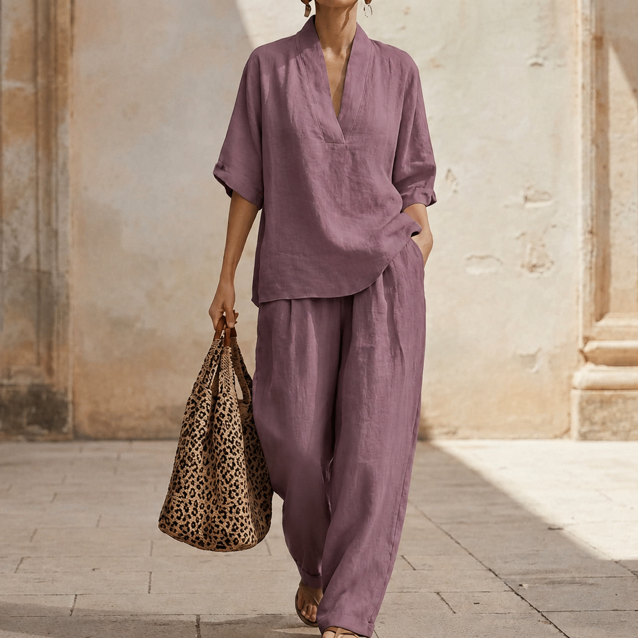 Dolores | Conjunto de Top Henley Relajado y Pantalones de Pierna Ancha