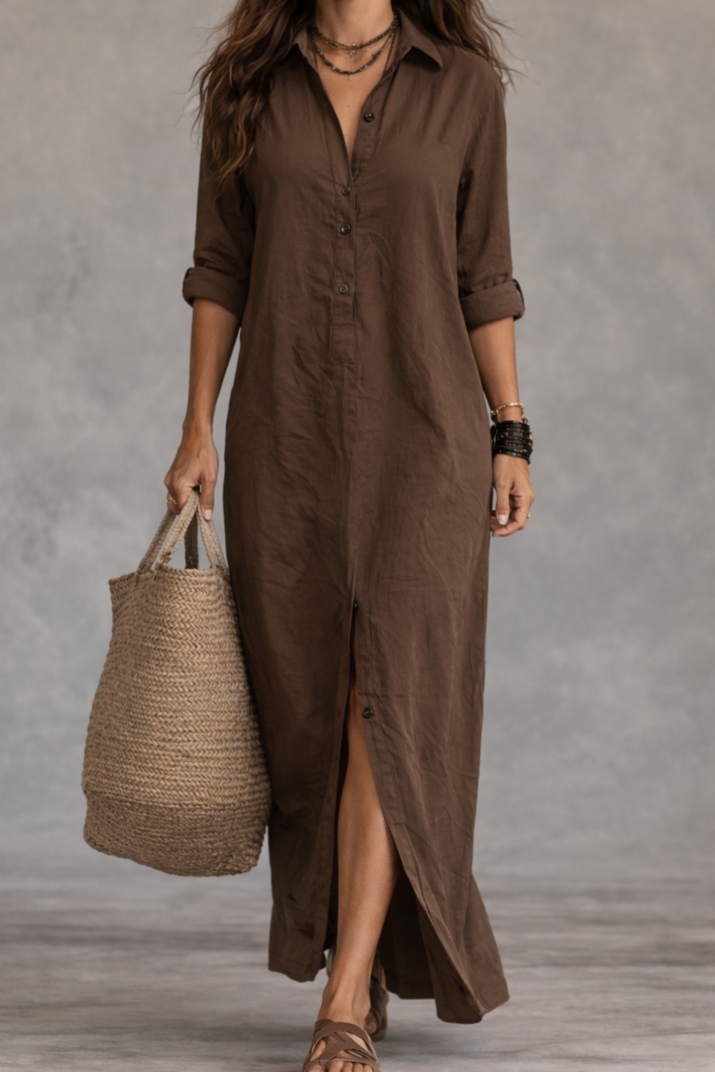 Vestido Maxi Bohemio de Camisa con Botones Negros