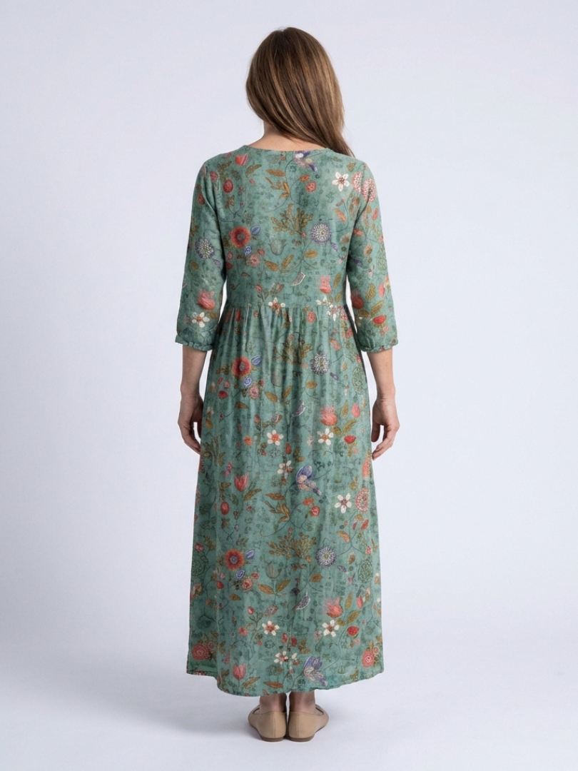 Marina | Vestido Maxi de Flores con Escote en V y Mangas Tres Cuartos