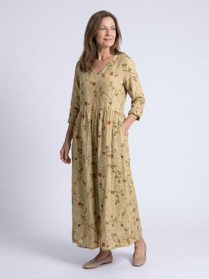Marina | Vestido Maxi de Flores con Escote en V y Mangas Tres Cuartos